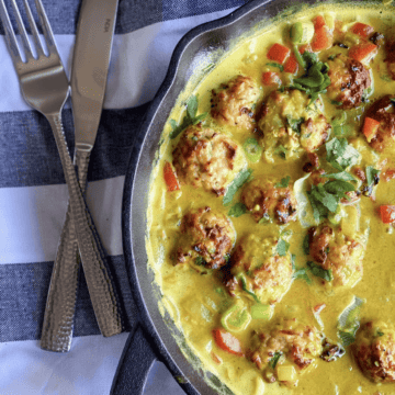 Chicken Curry Meatballs in cast iron skillet