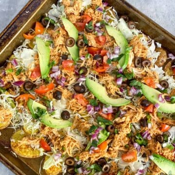 Sheet Pan Enchilada Potachos with veggies and chicken