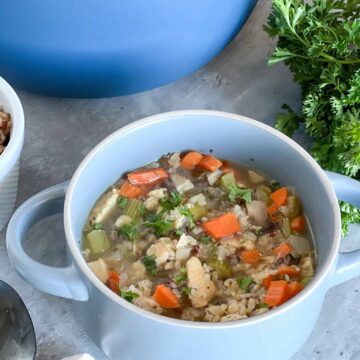 Chicken and Wild Rice Soup in a soup bowl next to a large pot