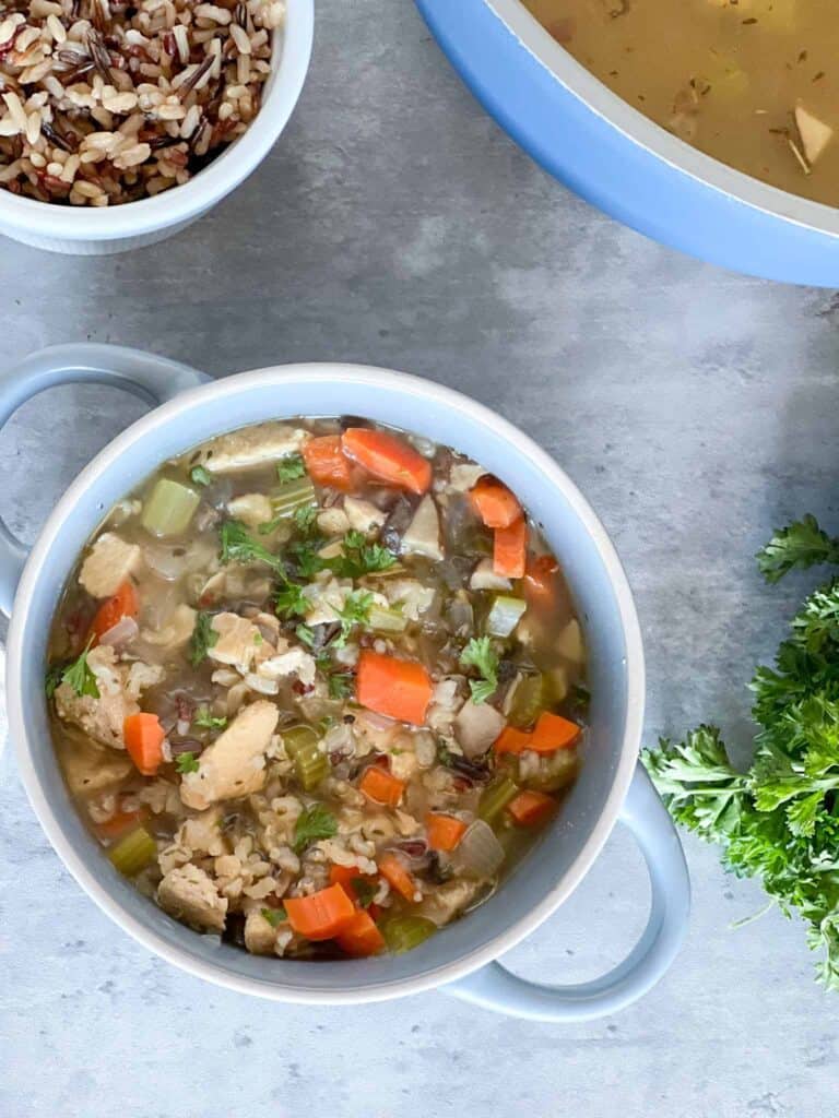 Chicken and Wild Rice Soup in a soup bowl next to a large pot
